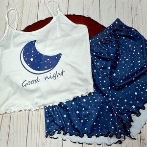 Moon & Starry Print Pajama Set Soft Cami Top and Elastic Shorts Loungewear